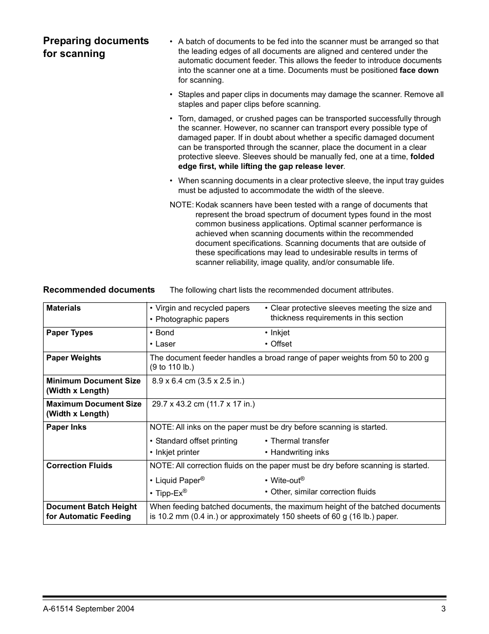 Preparing documents for scanning, Recommended documents | Kodak INNOVATION I100 User Manual | Page 6 / 40