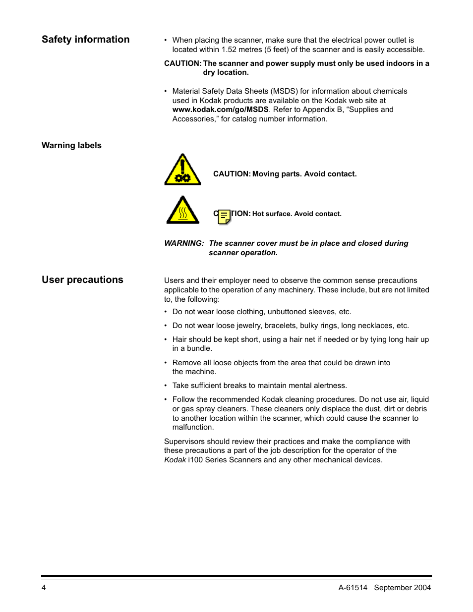 Safety information, Warning labels, User precautions | Kodak INNOVATION I100 User Manual | Page 7 / 40