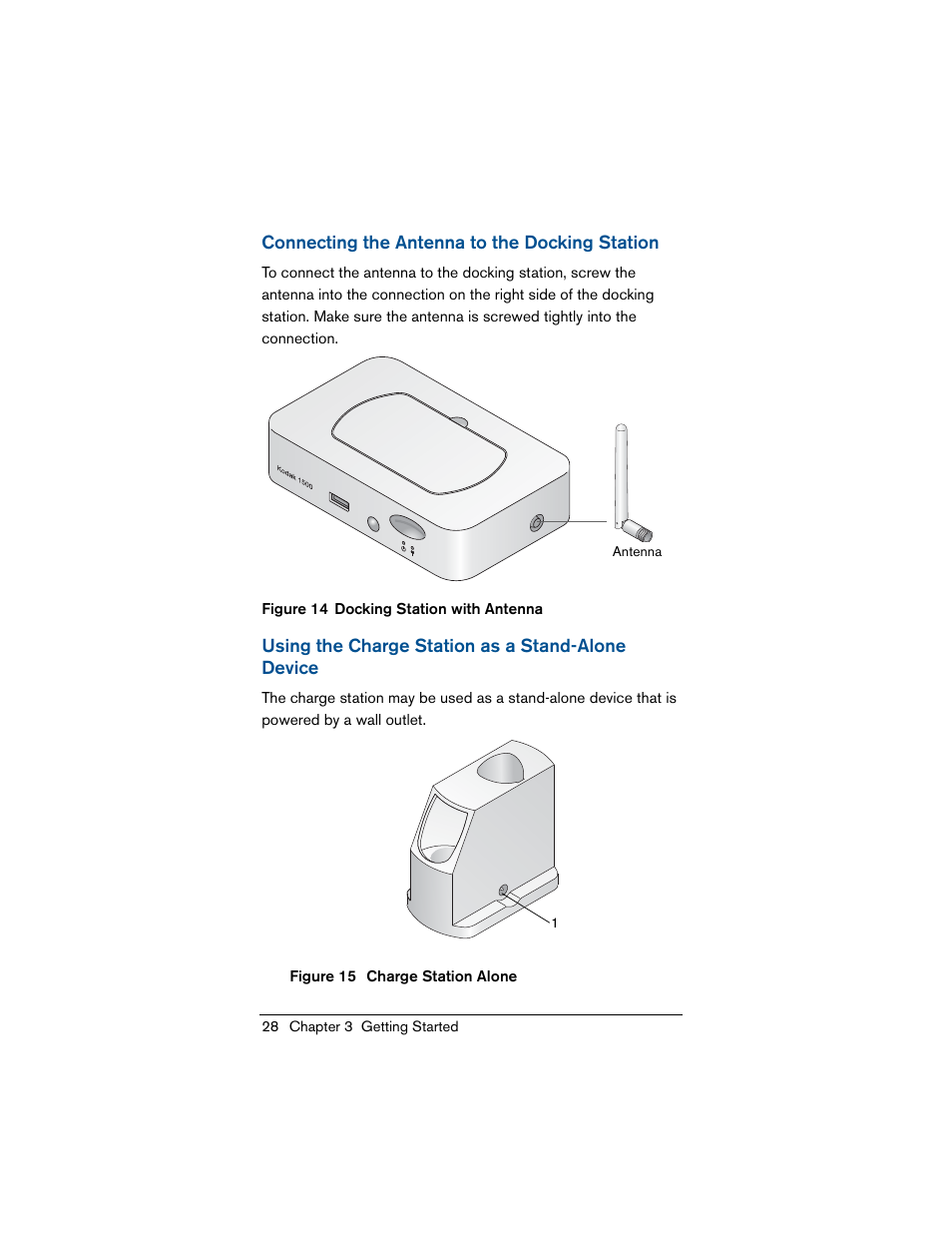 Connecting the antenna to the docking station, Using the charge station as a stand-alone device | Kodak INTRAORAL 1500 User Manual | Page 36 / 54