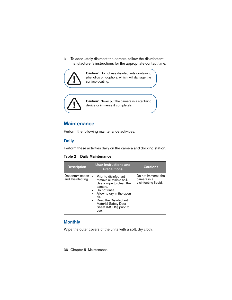 Maintenance, Daily, Monthly | Daily monthly | Kodak INTRAORAL 1500 User Manual | Page 44 / 54