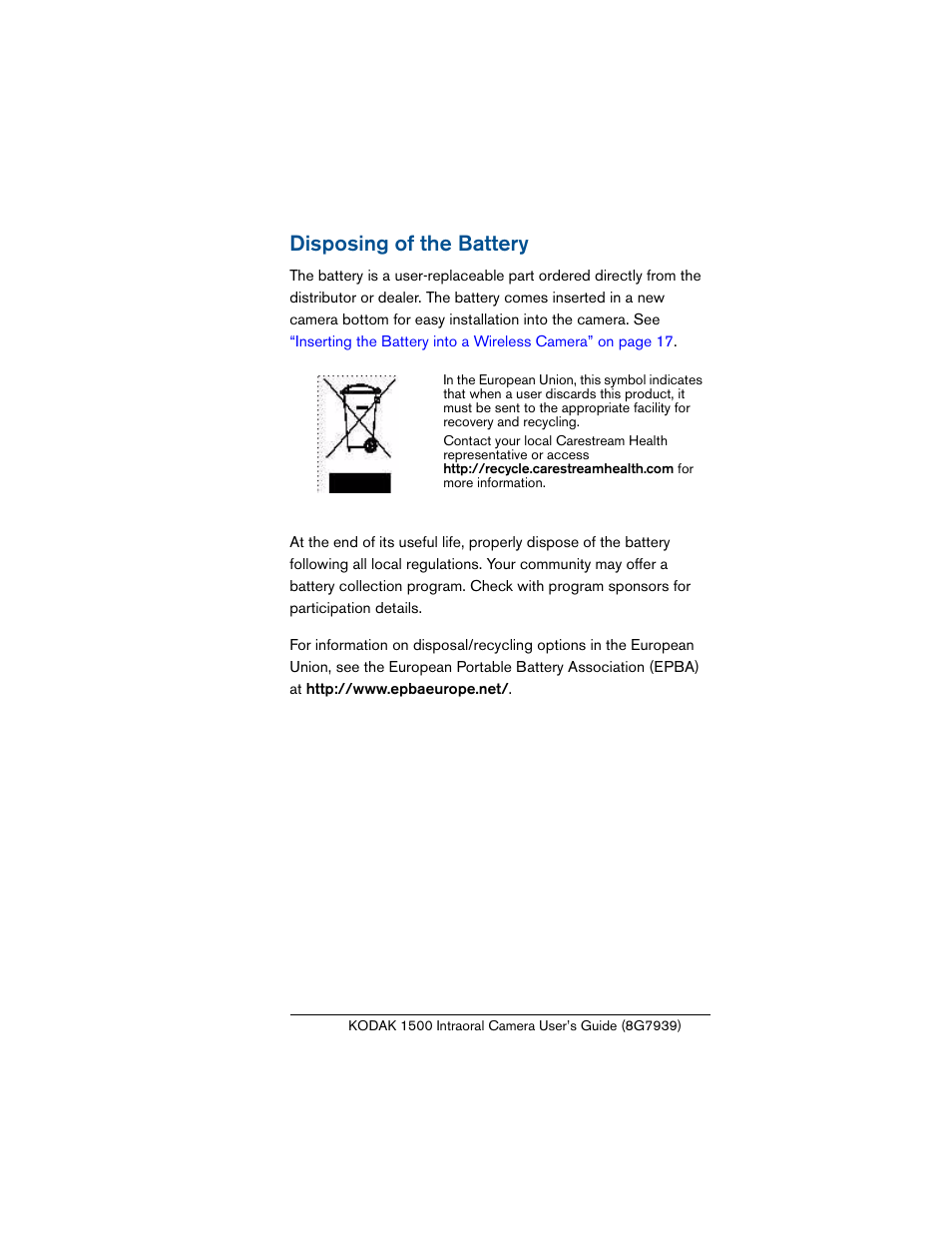 Disposing of the battery | Kodak INTRAORAL 1500 User Manual | Page 45 / 54