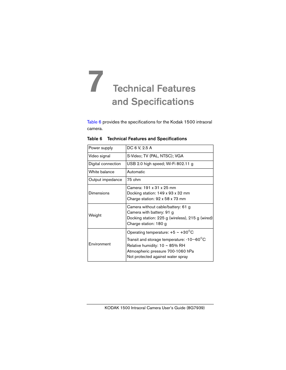 7 technical features and specifications, Chapter 7, Technical features | And specifications, Technical features and specifications | Kodak INTRAORAL 1500 User Manual | Page 53 / 54
