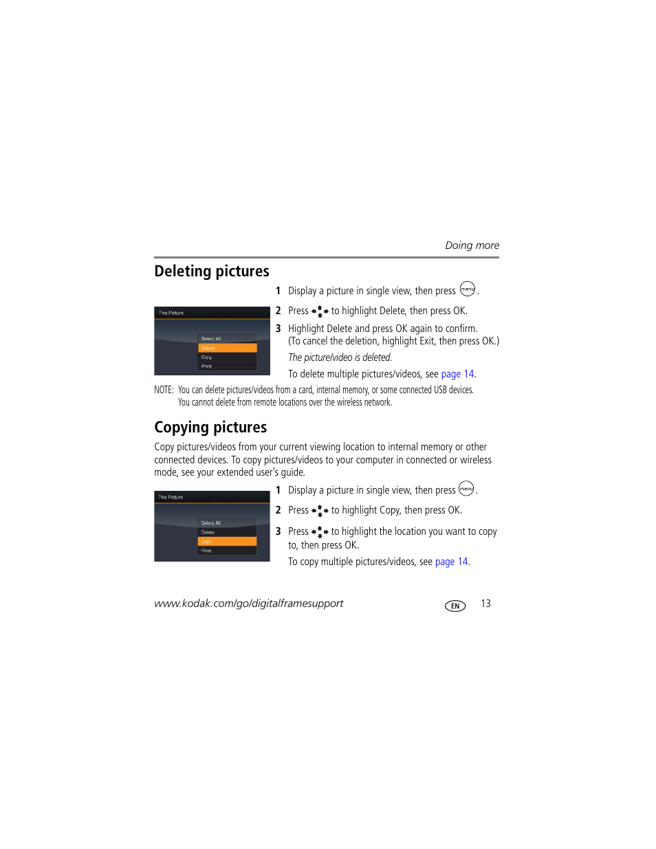 Deleting pictures, Copying pictures | Kodak Digital Frame 1 User Manual | Page 13 / 22
