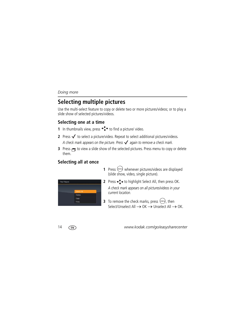 Selecting multiple pictures | Kodak Digital Frame 1 User Manual | Page 14 / 22