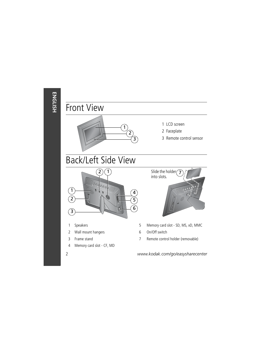 Front view back/left side view | Kodak Digital Frame 1 User Manual | Page 2 / 22