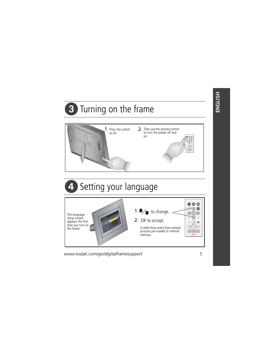 Turning on the frame, Setting your language | Kodak Digital Frame 1 User Manual | Page 5 / 22