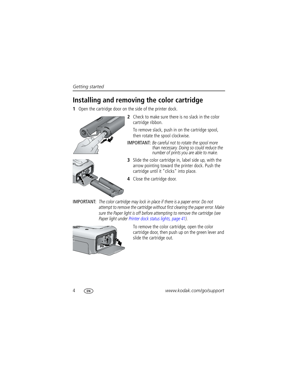 Installing and removing the color cartridge | Kodak EasyShare Series 3 User Manual | Page 10 / 66