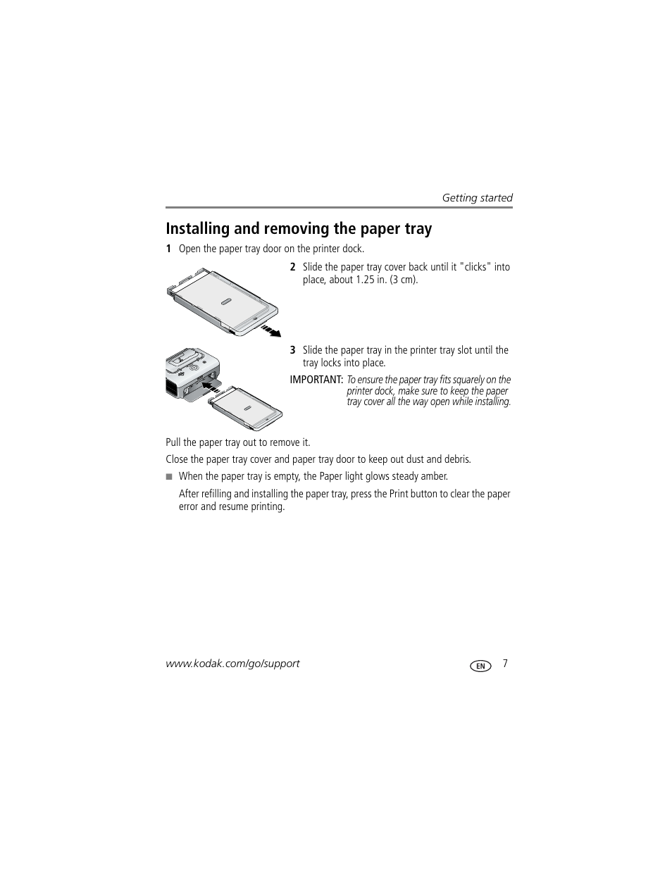 Installing and removing the paper tray | Kodak EasyShare Series 3 User Manual | Page 13 / 66