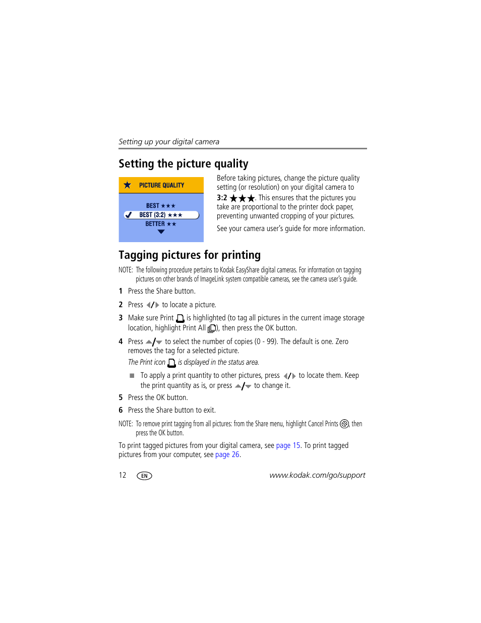 Setting the picture quality, Tagging pictures for printing | Kodak EasyShare Series 3 User Manual | Page 18 / 66