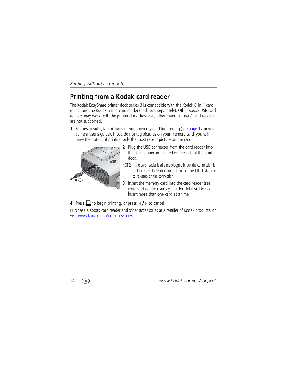 Printing from a kodak card reader | Kodak EasyShare Series 3 User Manual | Page 20 / 66