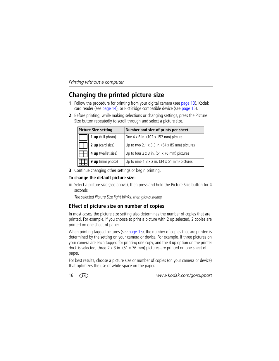 Changing the printed picture size, Effect of picture size on number of copies | Kodak EasyShare Series 3 User Manual | Page 22 / 66