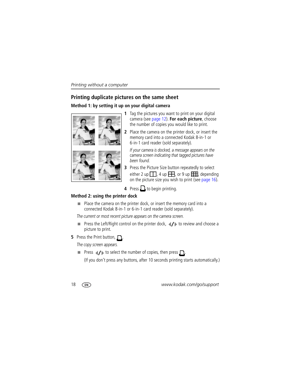 Printing duplicate pictures on the same sheet, Method 1: by setting it up on your digital camera, Method 2: using the printer dock | Kodak EasyShare Series 3 User Manual | Page 24 / 66