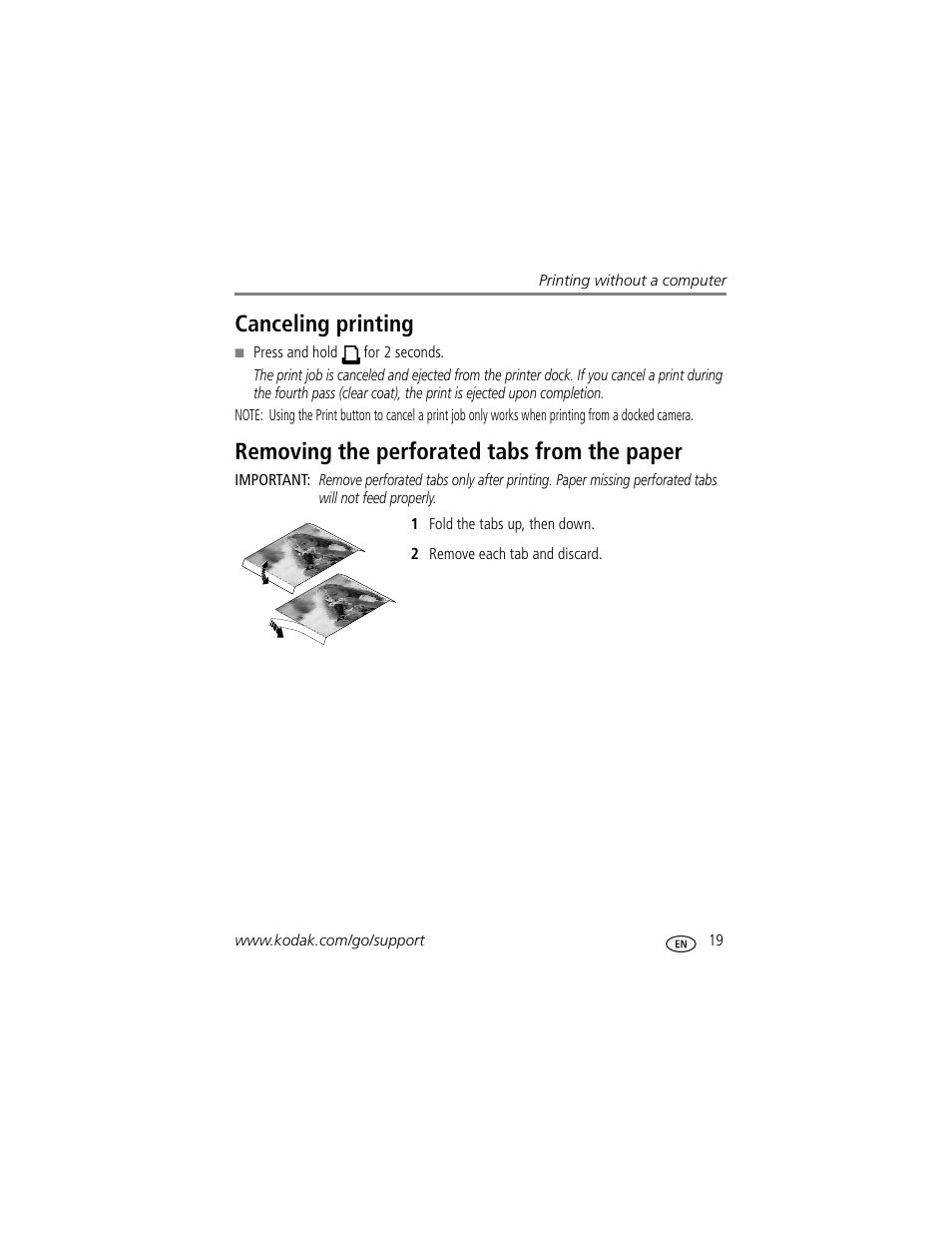 Canceling printing, Removing the perforated tabs from the paper | Kodak EasyShare Series 3 User Manual | Page 25 / 66