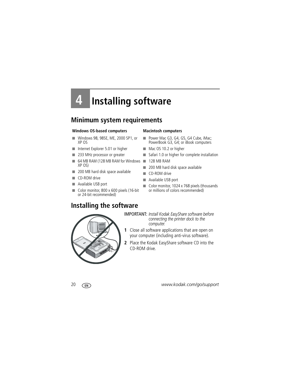 4 installing software, Minimum system requirements, Installing the software | Installing software | Kodak EasyShare Series 3 User Manual | Page 26 / 66