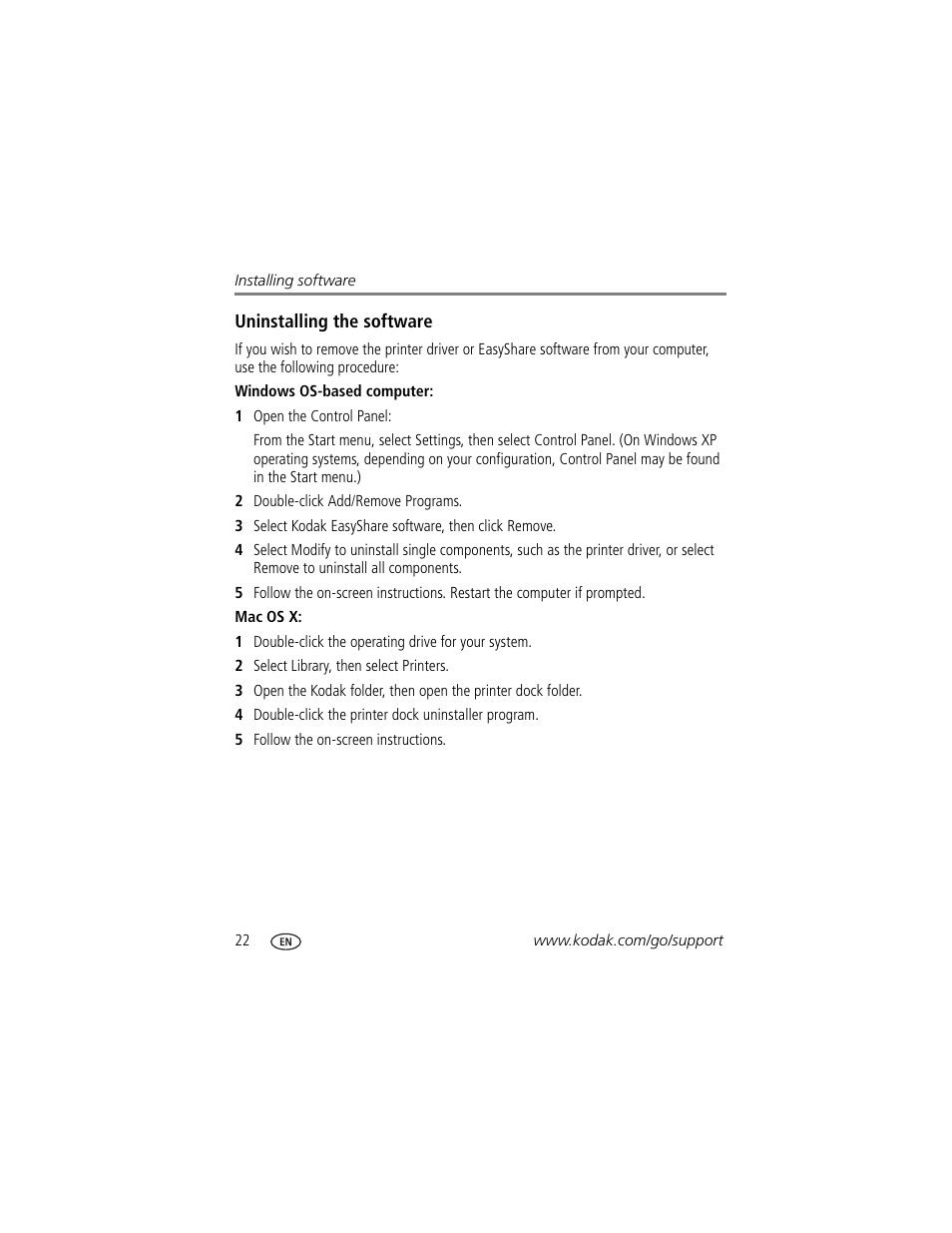 Uninstalling the software | Kodak EasyShare Series 3 User Manual | Page 28 / 66