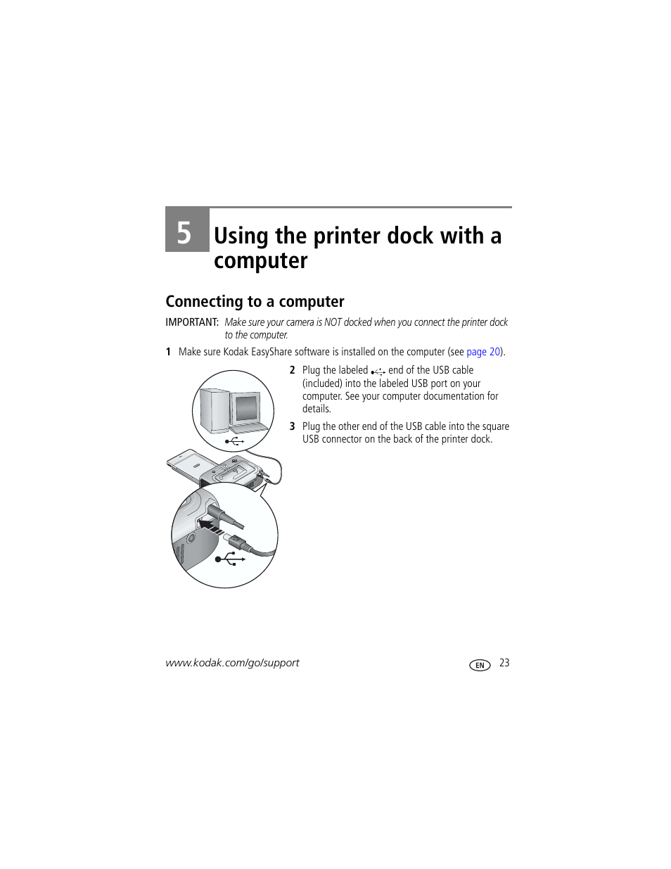 5 using the printer dock with a computer, Connecting to a computer, Using the printer dock with a computer | Kodak EasyShare Series 3 User Manual | Page 29 / 66