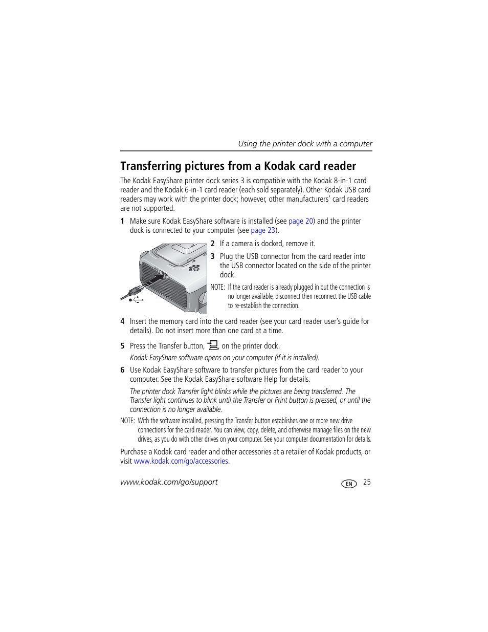 Transferring pictures from a kodak card reader | Kodak EasyShare Series 3 User Manual | Page 31 / 66