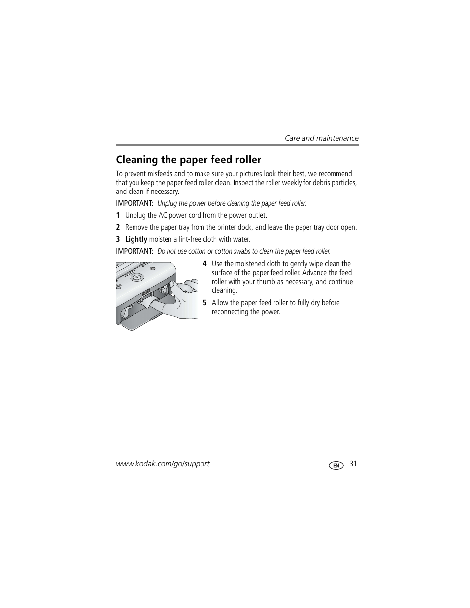 Cleaning the paper feed roller | Kodak EasyShare Series 3 User Manual | Page 37 / 66