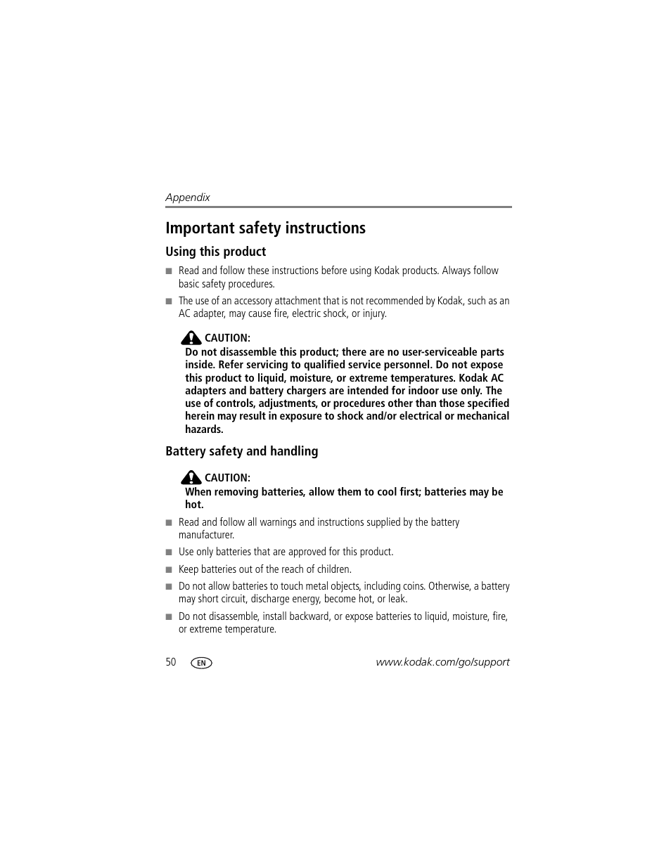 Important safety instructions, Using this product, Battery safety and handling | Kodak EasyShare Series 3 User Manual | Page 56 / 66