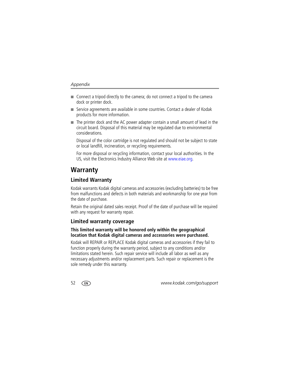 Warranty, Limited warranty, Limited warranty coverage | Kodak EasyShare Series 3 User Manual | Page 58 / 66