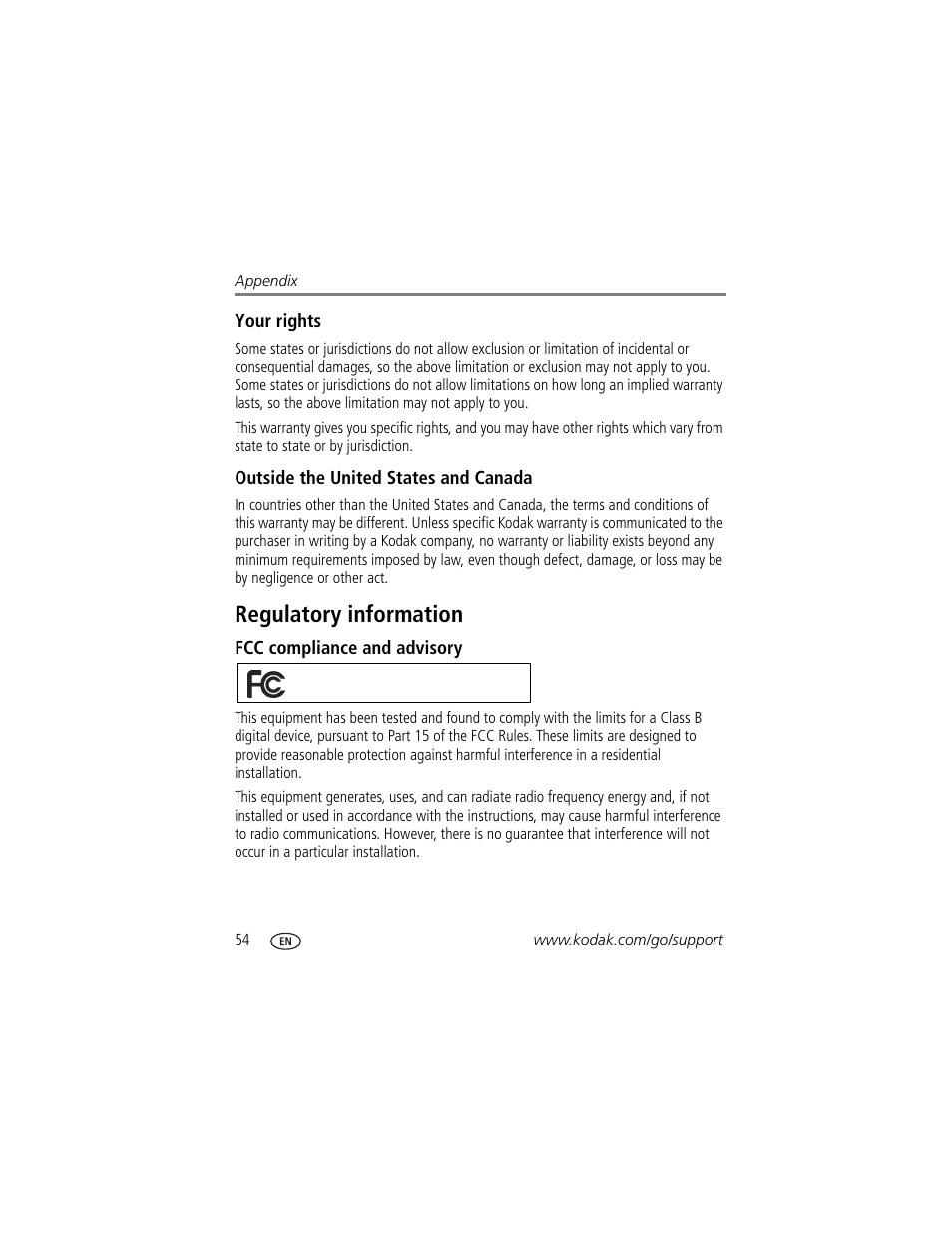 Your rights, Outside the united states and canada, Regulatory information | Fcc compliance and advisory | Kodak EasyShare Series 3 User Manual | Page 60 / 66