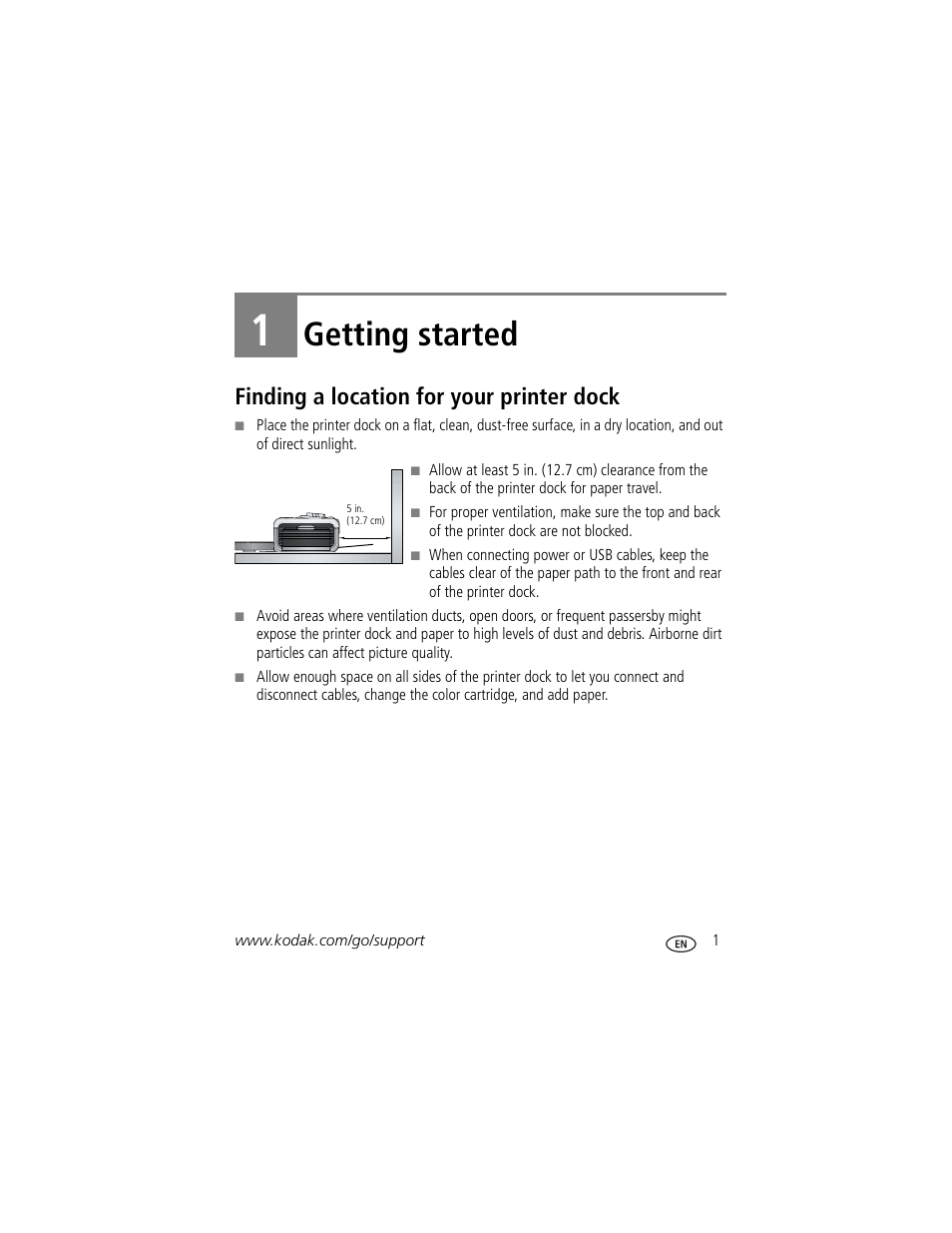 1 getting started, Finding a location for your printer dock, Getting started | Kodak EasyShare Series 3 User Manual | Page 7 / 66