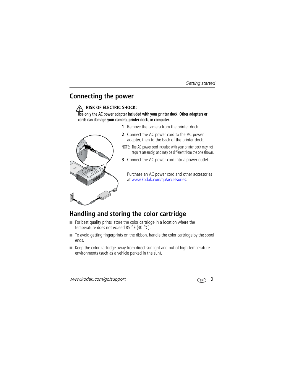 Connecting the power, Handling and storing the color cartridge | Kodak EasyShare Series 3 User Manual | Page 9 / 66