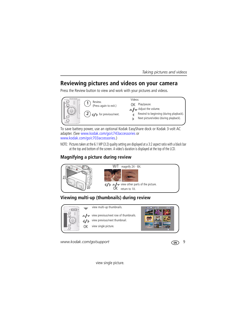 Reviewing pictures and videos on your camera, Magnifying a picture during review, Viewing multi-up (thumbnails) during review | Kodak EasyShare C703 User Manual | Page 15 / 70