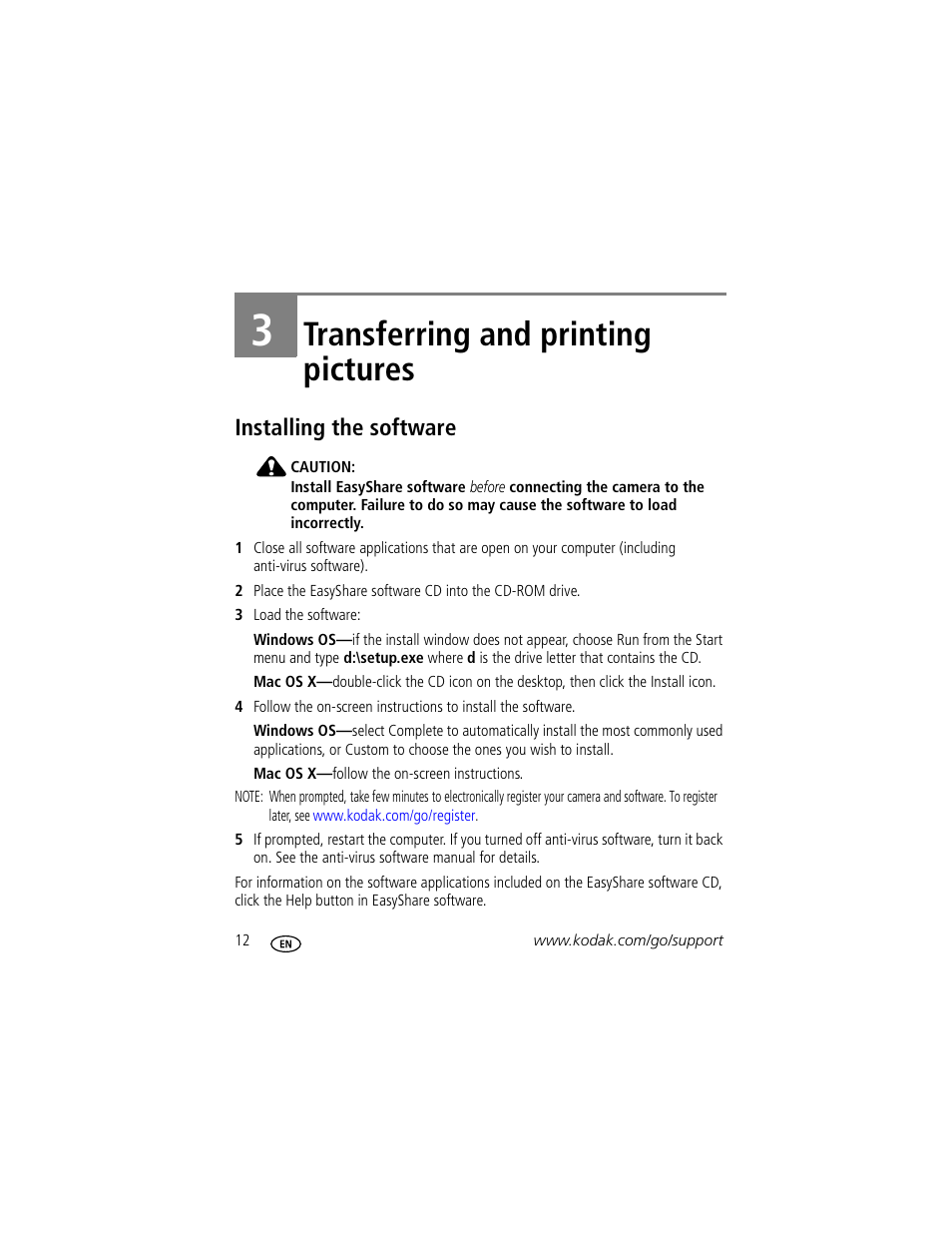 Transferring and printing pictures, Installing the software, 3 transferring and printing pictures | Kodak EasyShare C703 User Manual | Page 18 / 70