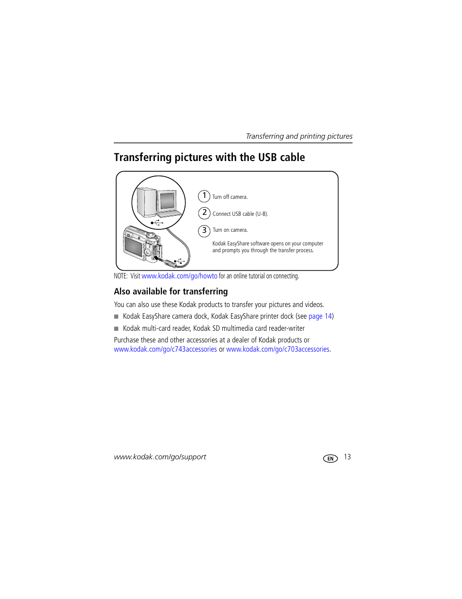 Transferring pictures with the usb cable, Also available for transferring | Kodak EasyShare C703 User Manual | Page 19 / 70