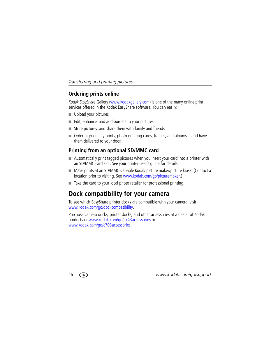 Ordering prints online, Printing from an optional sd/mmc card, Dock compatibility for your camera | Kodak EasyShare C703 User Manual | Page 22 / 70