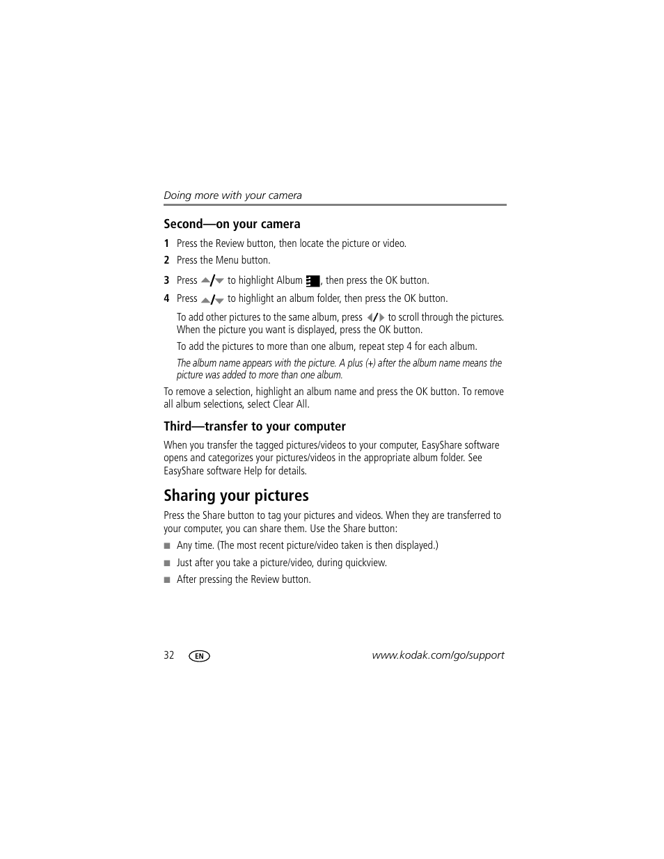 Second-on your camera, Third-transfer to your computer, Sharing your pictures | Kodak EasyShare C703 User Manual | Page 38 / 70