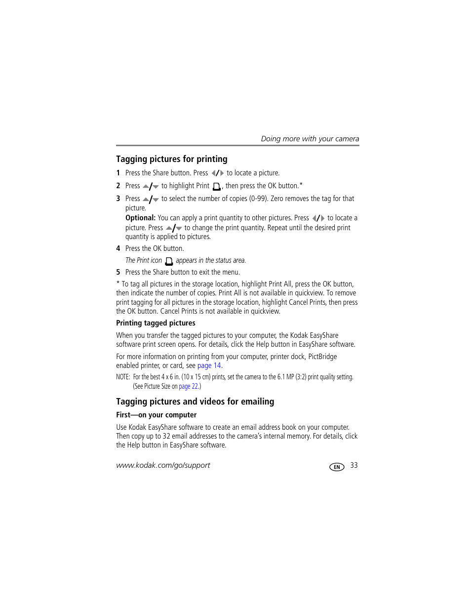 Tagging pictures for printing, Printing tagged pictures, Tagging pictures and videos for emailing | First-on your computer | Kodak EasyShare C703 User Manual | Page 39 / 70