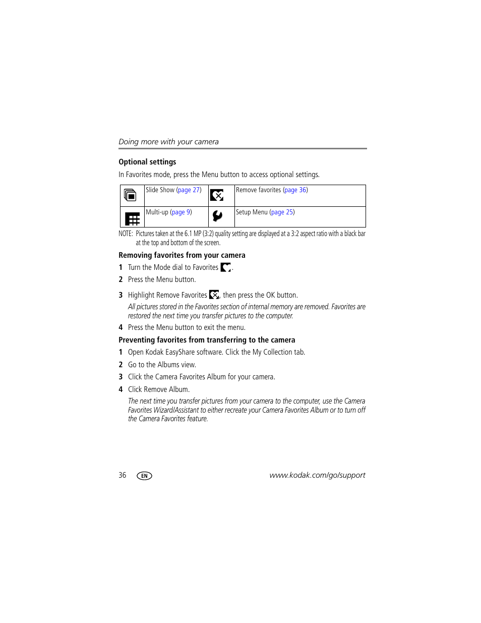 Optional settings, Removing favorites from your camera | Kodak EasyShare C703 User Manual | Page 42 / 70