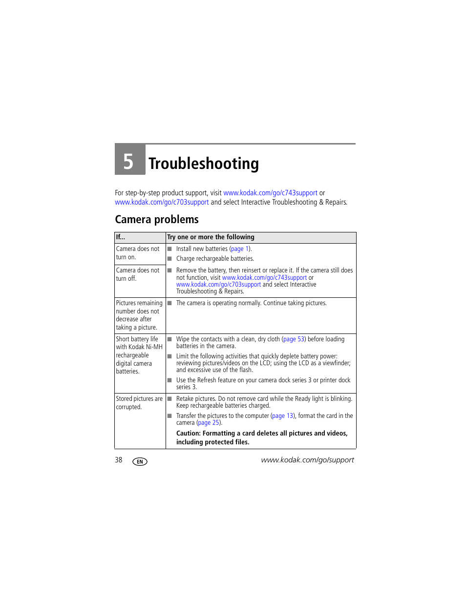 Troubleshooting, Camera problems, 5 troubleshooting | Kodak EasyShare C703 User Manual | Page 44 / 70