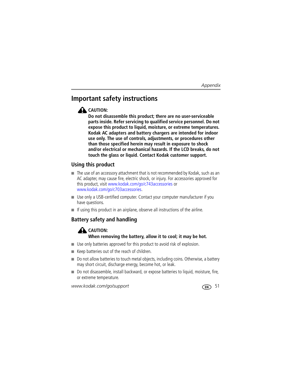 Important safety instructions, Using this product, Battery safety and handling | Kodak EasyShare C703 User Manual | Page 57 / 70