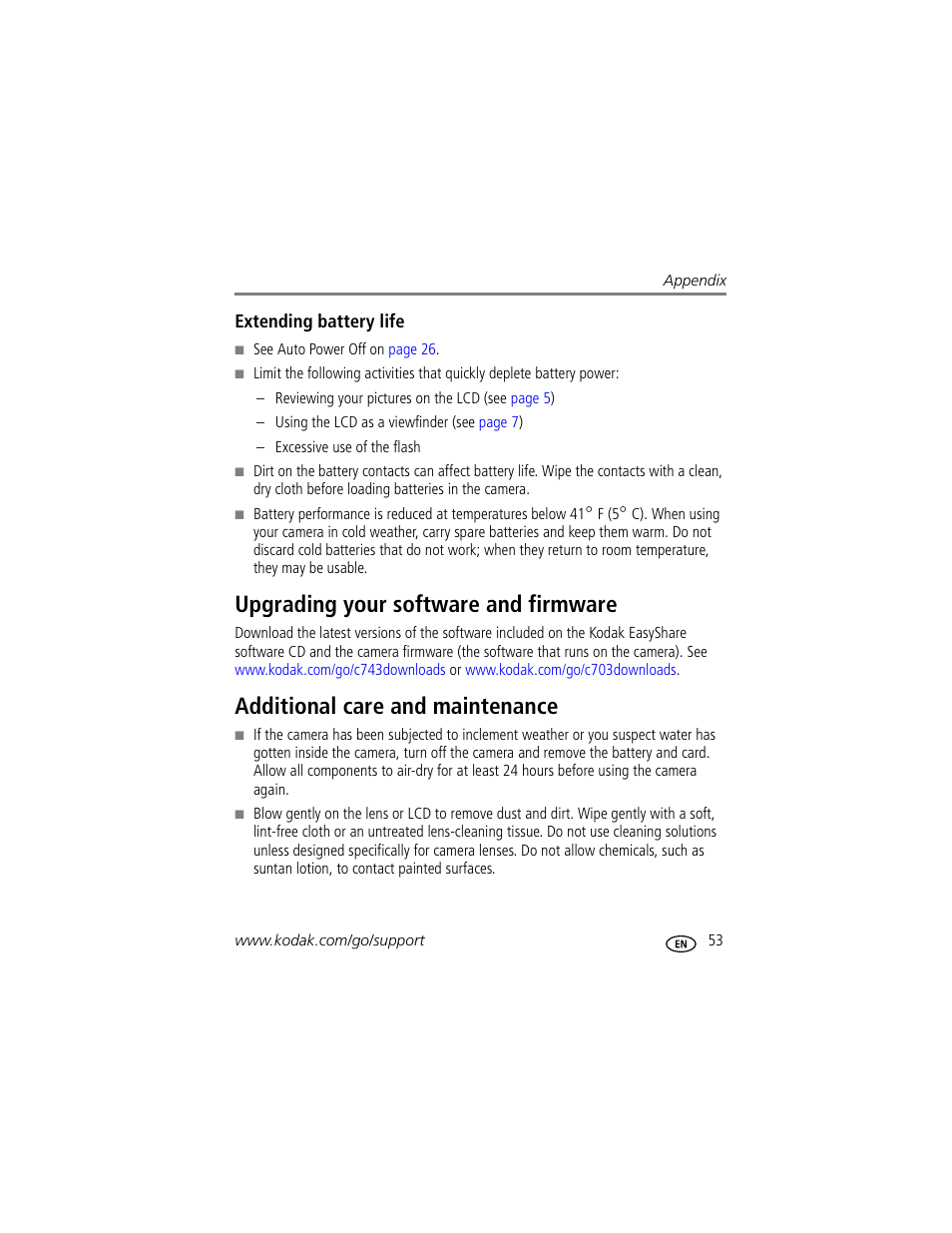 Extending battery life, Upgrading your software and firmware, Additional care and maintenance | Kodak EasyShare C703 User Manual | Page 59 / 70