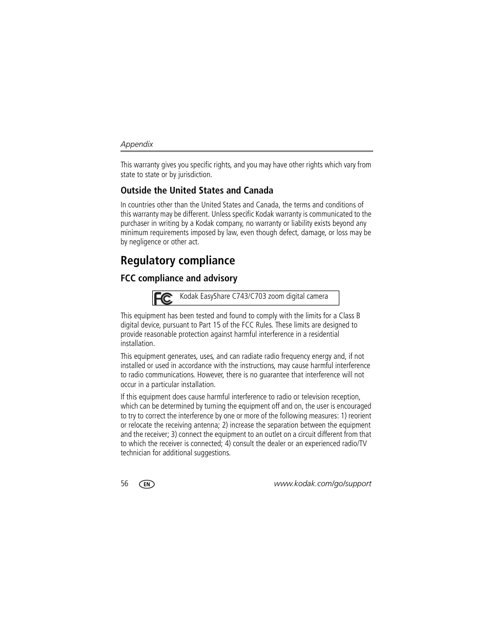 Outside the united states and canada, Regulatory compliance, Fcc compliance and advisory | Kodak EasyShare C703 User Manual | Page 62 / 70