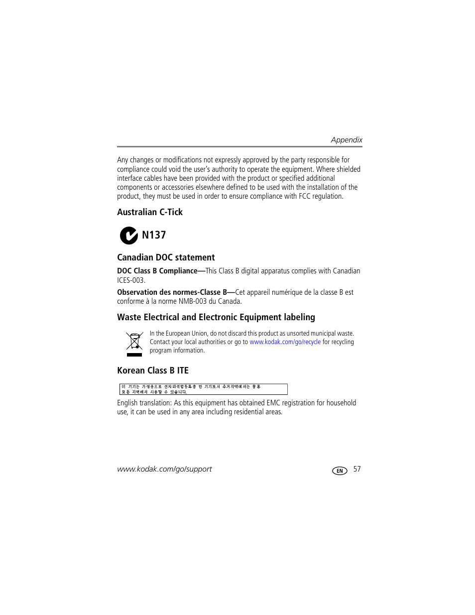 Australian c-tick, Canadian doc statement, Waste electrical and electronic equipment labeling | Korean class b ite, N137 | Kodak EasyShare C703 User Manual | Page 63 / 70