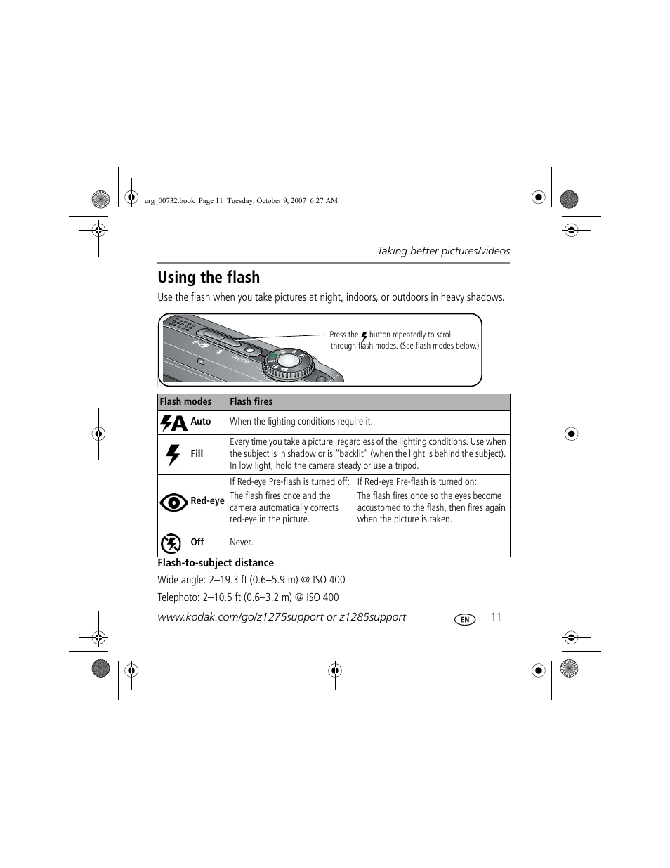 Using the flash | Kodak Z1275 User Manual | Page 11 / 28