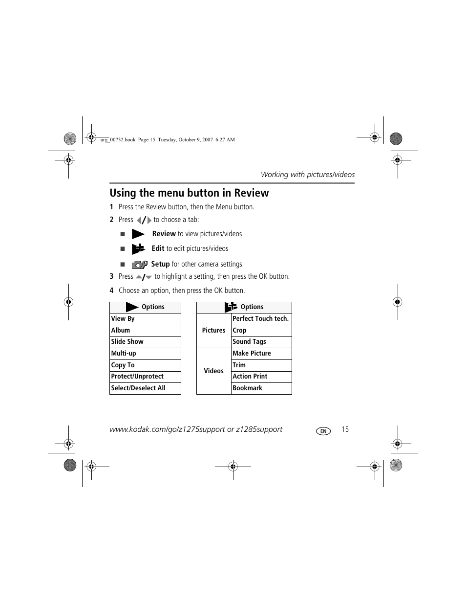 Using the menu button in review | Kodak Z1275 User Manual | Page 15 / 28