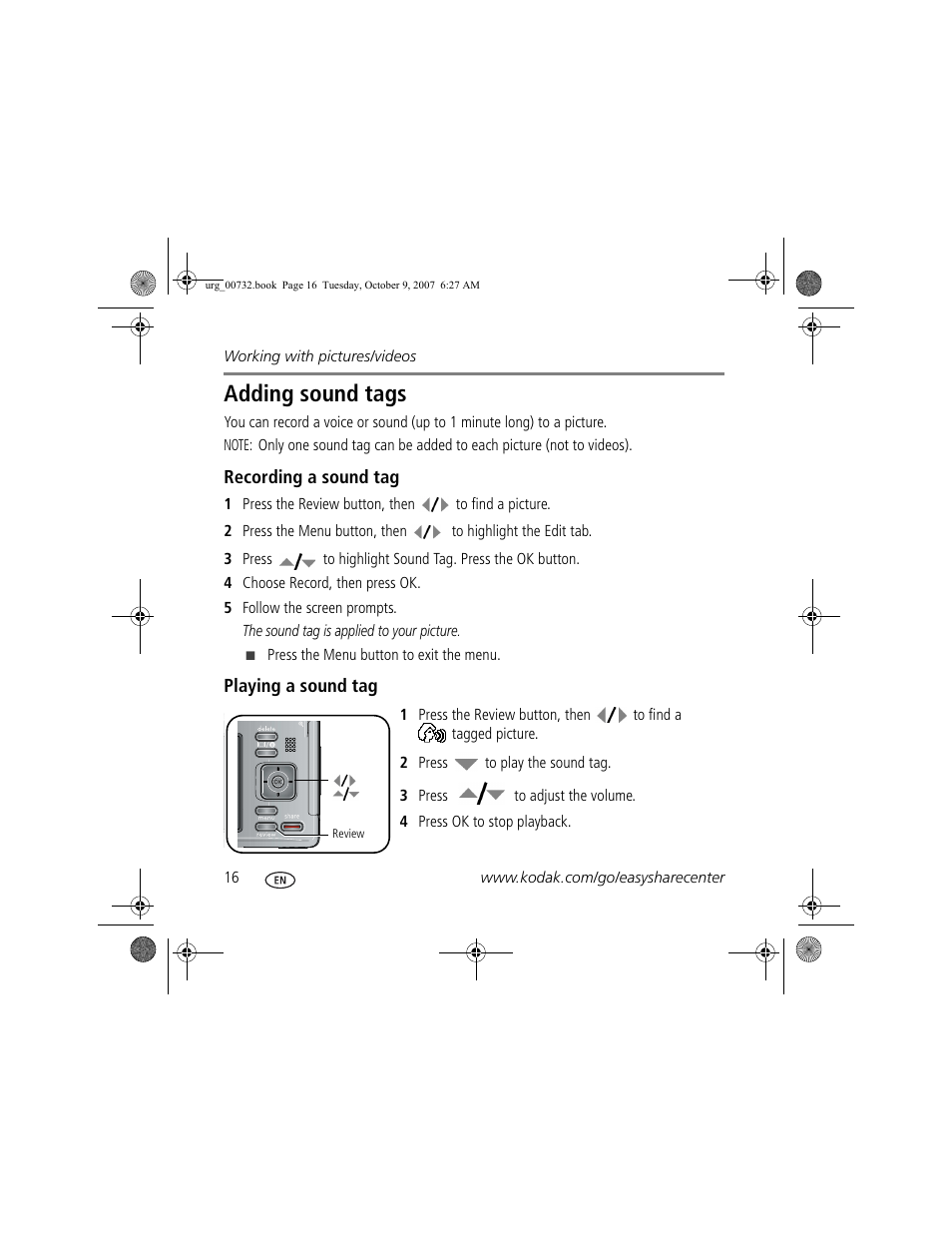 Adding sound tags | Kodak Z1275 User Manual | Page 16 / 28