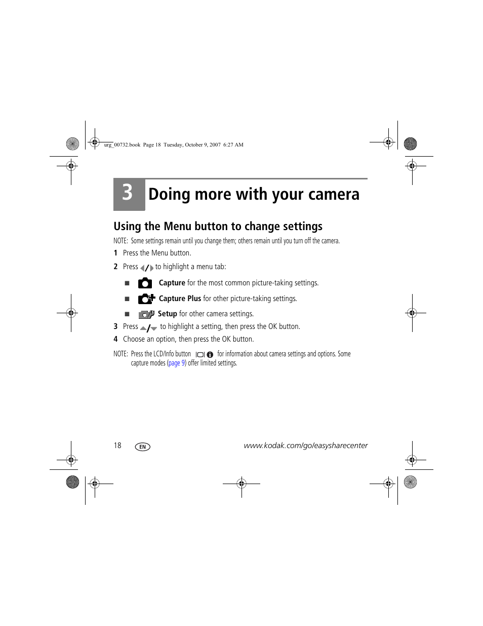 Doing more with your camera, Using the menu button to change settings | Kodak Z1275 User Manual | Page 18 / 28