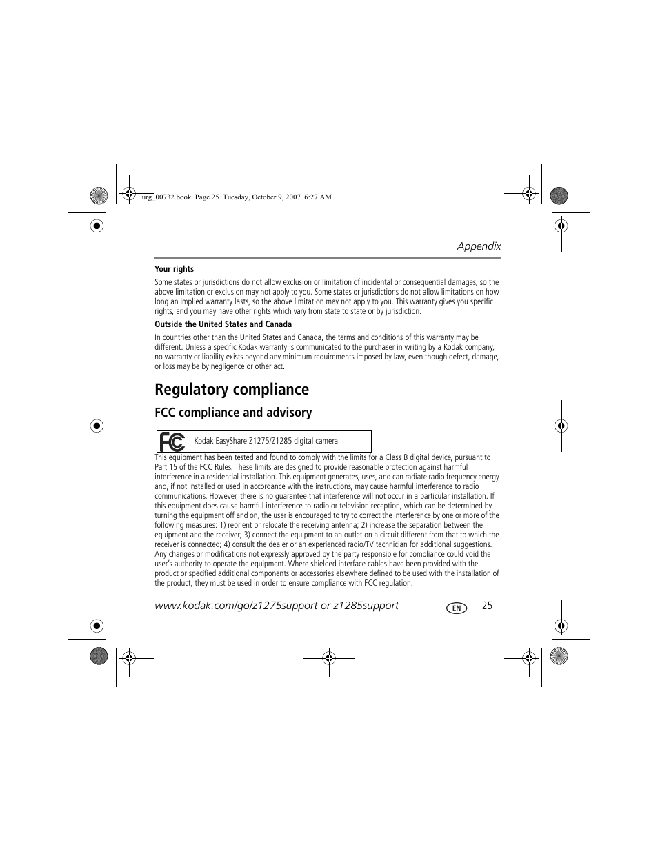 Regulatory compliance, Fcc compliance and advisory | Kodak Z1275 User Manual | Page 25 / 28