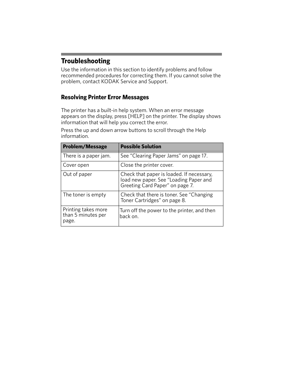 Troubleshooting, Resolving printer error messages | Kodak DUPLEX DL2100 User Manual | Page 23 / 34