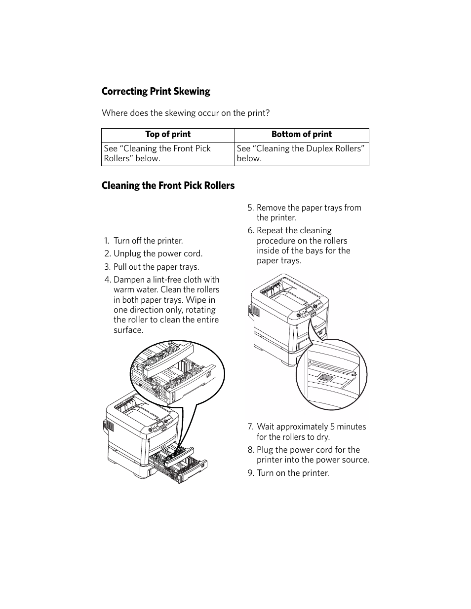 Correcting print skewing, Cleaning the front pick rollers | Kodak DUPLEX DL2100 User Manual | Page 30 / 34