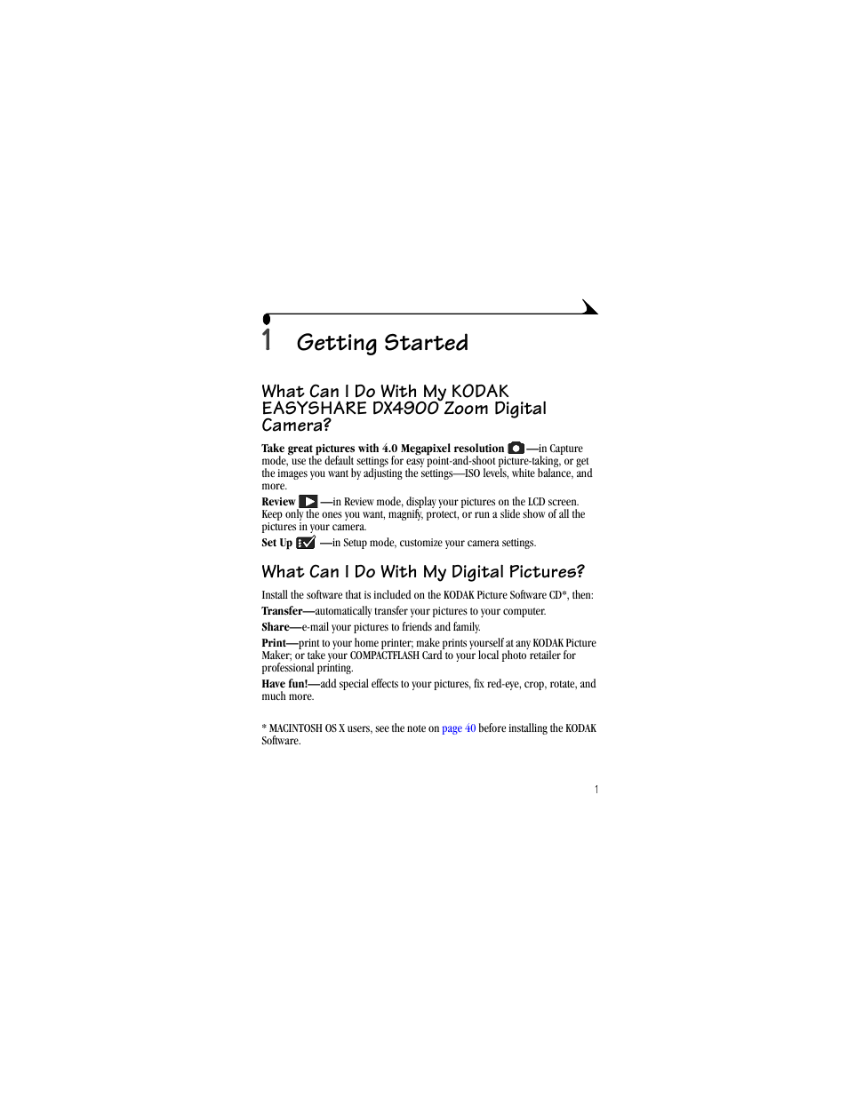 1 getting started, What can i do with my, What can i do with my digital pictures | Getting started | Kodak DX4900 User Manual | Page 11 / 106