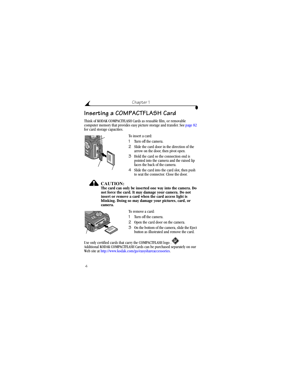 Inserting a compactflash card | Kodak DX4900 User Manual | Page 14 / 106