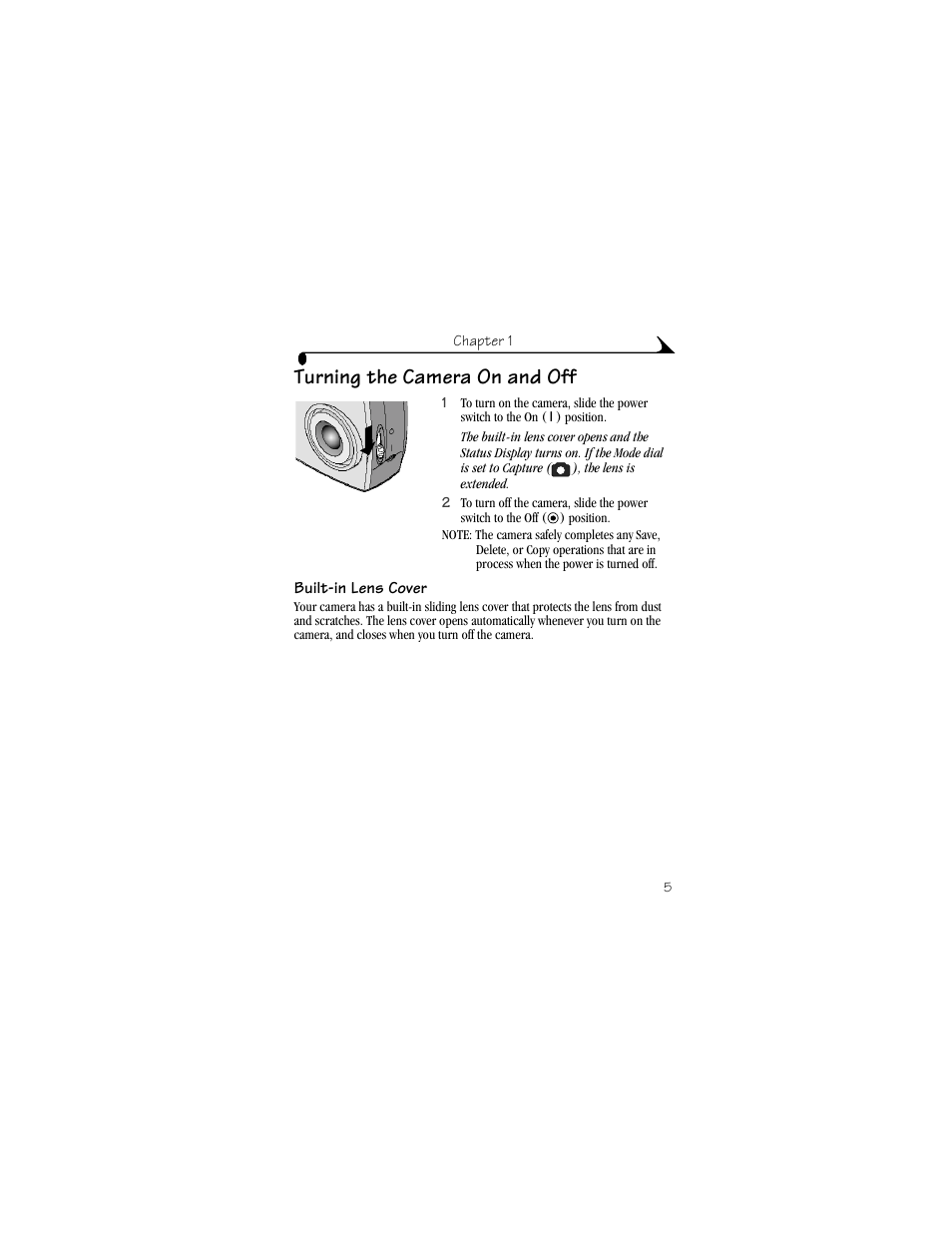 Turning the camera on and off, Built-in lens cover | Kodak DX4900 User Manual | Page 15 / 106