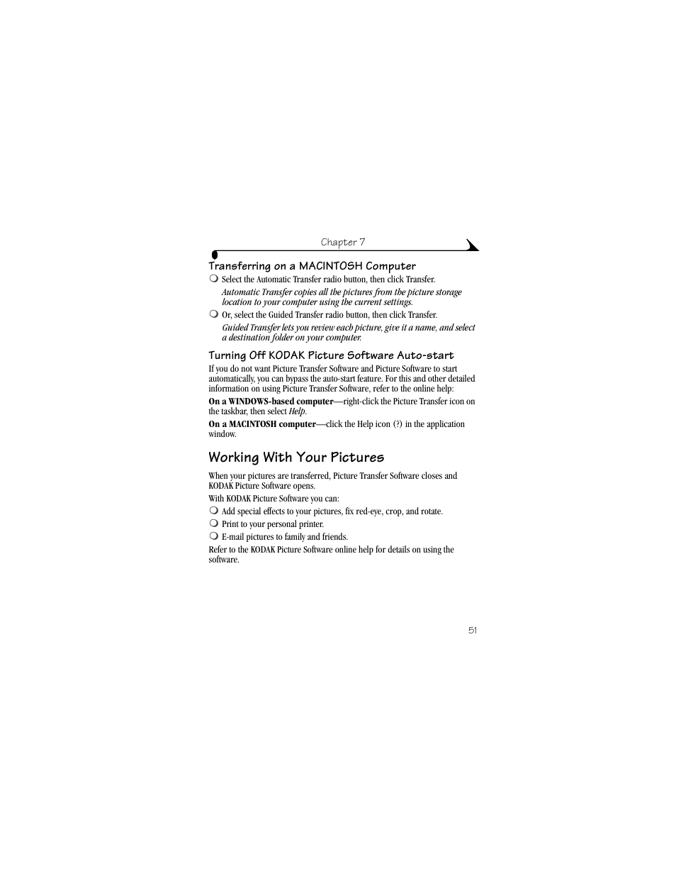 Transferring on a macintosh computer, Turning off kodak picture software auto-start, Working with your pictures | Kodak DX4900 User Manual | Page 61 / 106